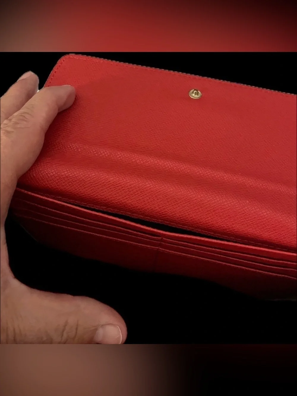 Red Saffiano Vegan Leather Style Continental Wallet Gold Medallion Snap Closure